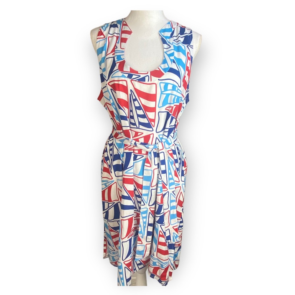 Escapada Montreux Dress Red White Blue Sails Large NWT Rayon Resort Patriotic